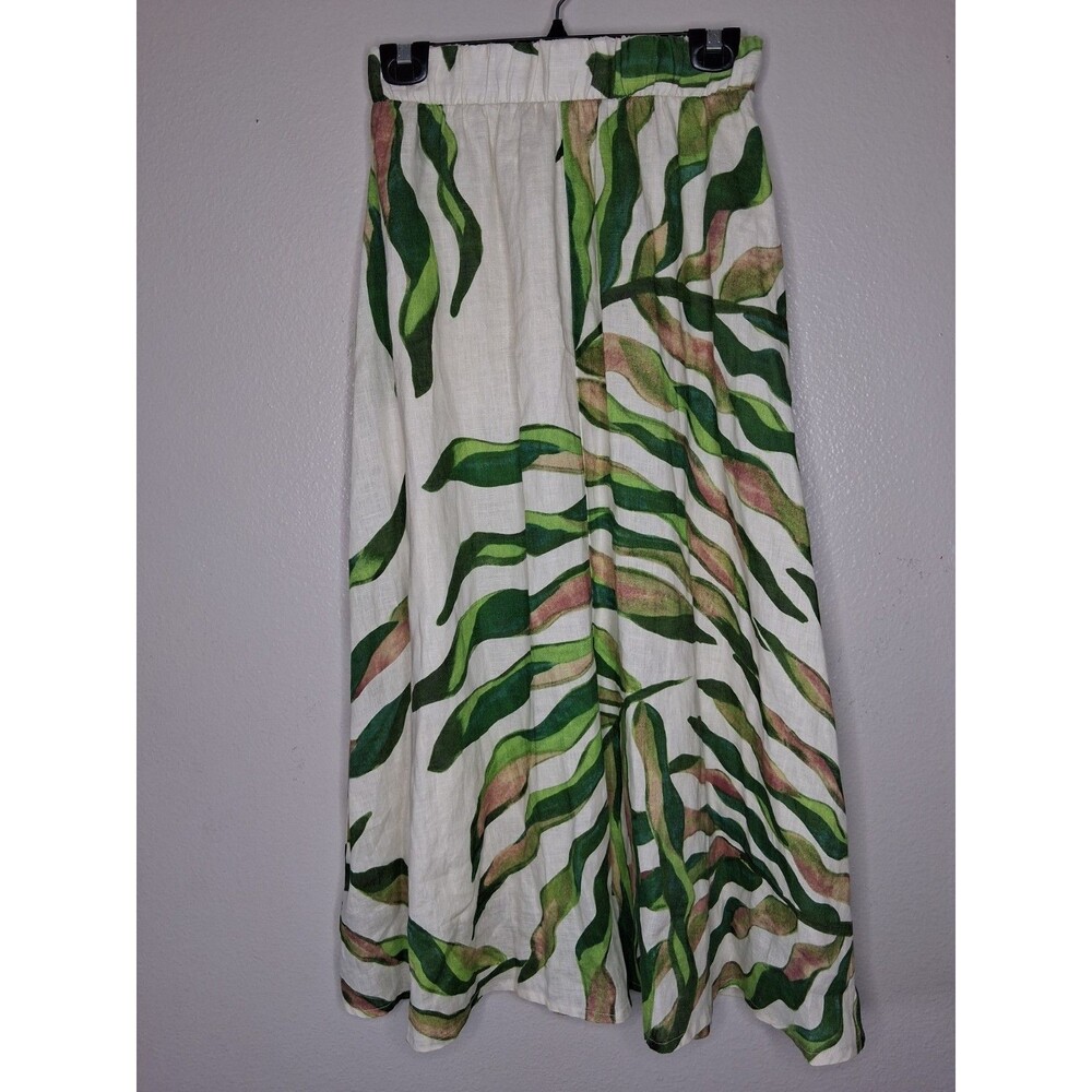Magaschoni Multicolor Abstract Tropical Leaf Print Linen Midi Skirt Lined Size S